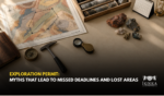 Table with a geological map showing a delimited exploration area, drill core samples, rock specimens, a geologist's hammer, compass, hand lens and calendar. Title: Exploration Permit: myths that lead to missed deadlines and lost areas.