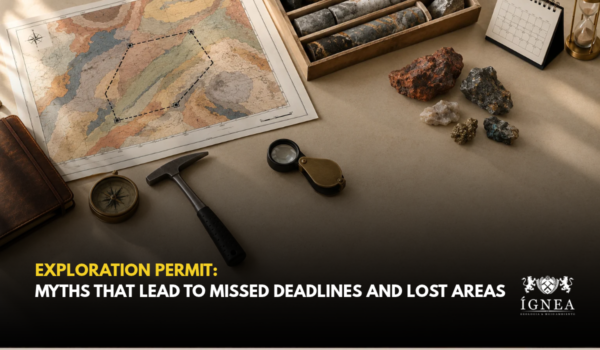 Table with a geological map showing a delimited exploration area, drill core samples, rock specimens, a geologist's hammer, compass, hand lens and calendar. Title: Exploration Permit: myths that lead to missed deadlines and lost areas.