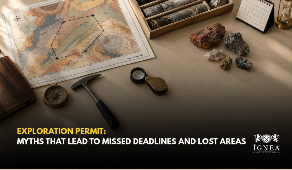 Table with a geological map showing a delimited exploration area, drill core samples, rock specimens, a geologist's hammer, compass, hand lens and calendar. Title: Exploration Permit: myths that lead to missed deadlines and lost areas.