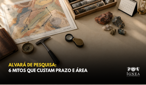 Mesa com mapa geológico com área de pesquisa delimitada, testemunhos de sondagem, amostras de rocha, martelo de geólogo, bússola, lupa e calendário. Título: Alvará de Pesquisa: 6 mitos que custam prazo e área.